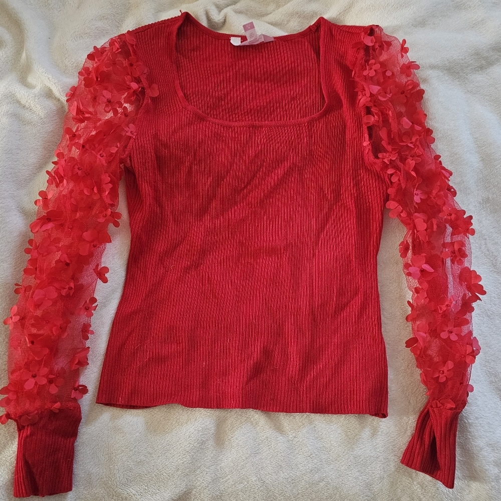 Red Long Sleeve Top with Floral Accents